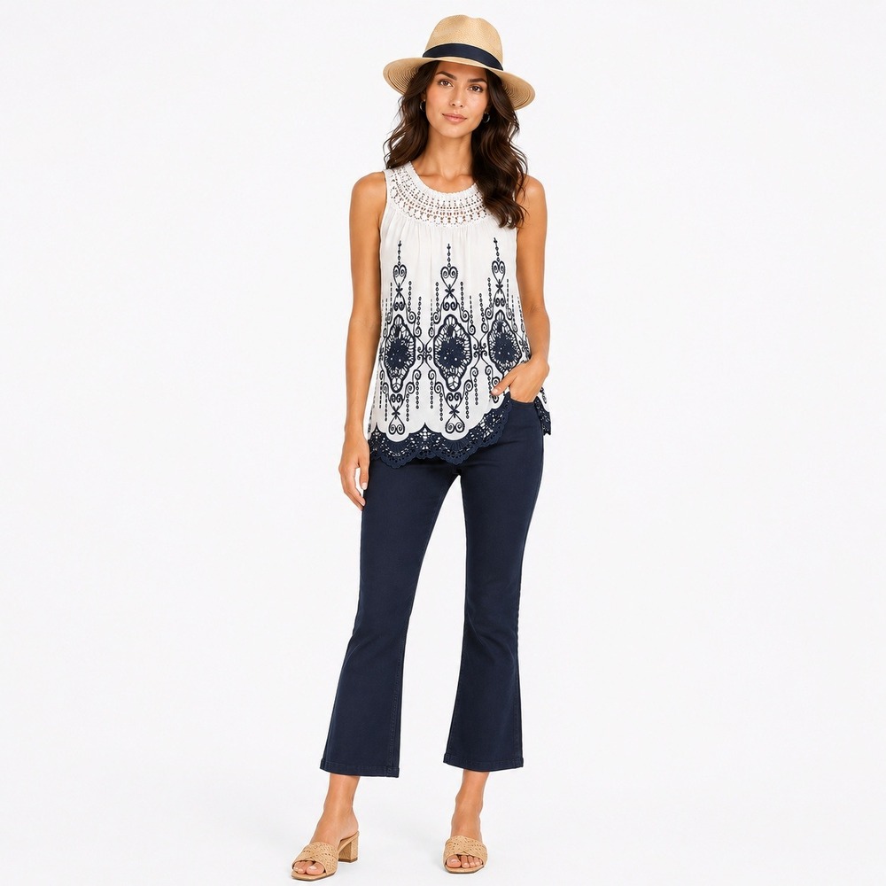 Belle France Silk Embroidered Top with Crochet ‎ Neckline Navy Blue S